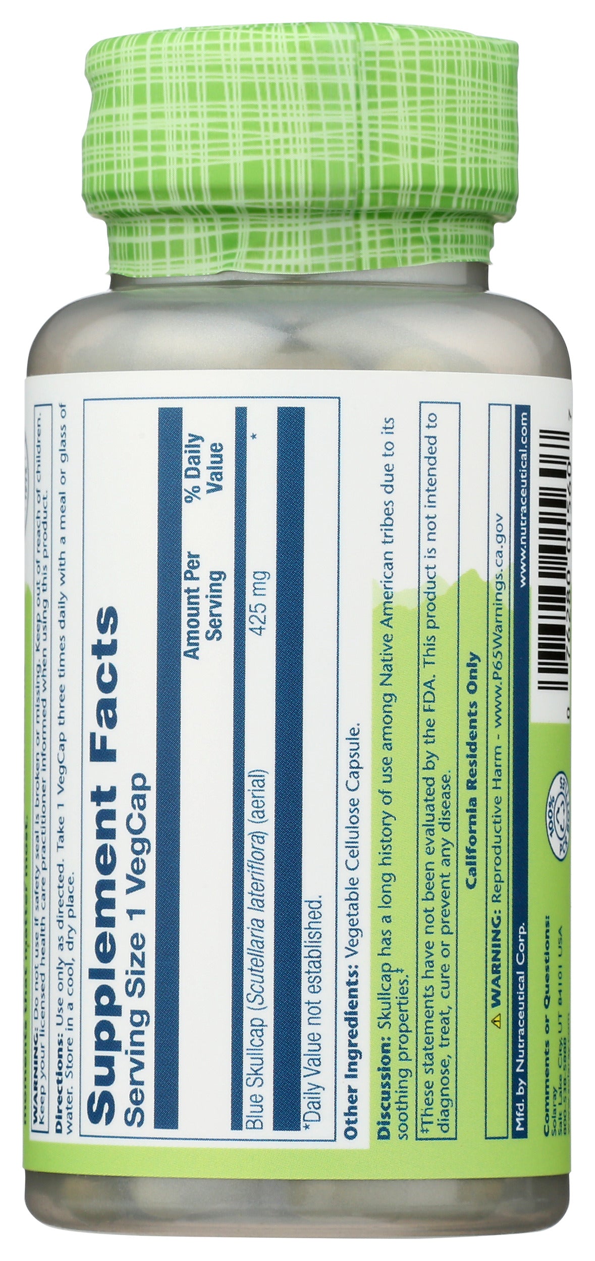 Solaray Blue Skullcap 425 mg 100 VegCaps Back of Bottle