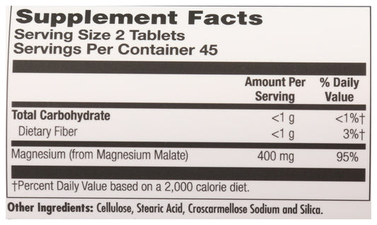 KAL Magnesium Malate 400 90 Tablets Back of Bottle