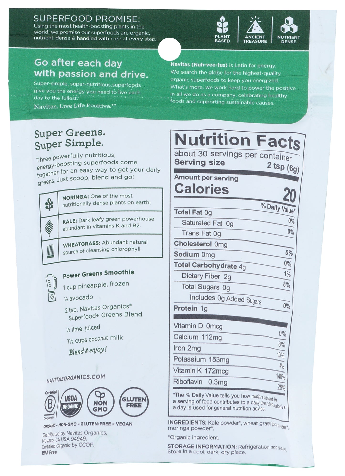 Navitas Organics Superfood+ Greens Blend 6.3oz Back of Bag