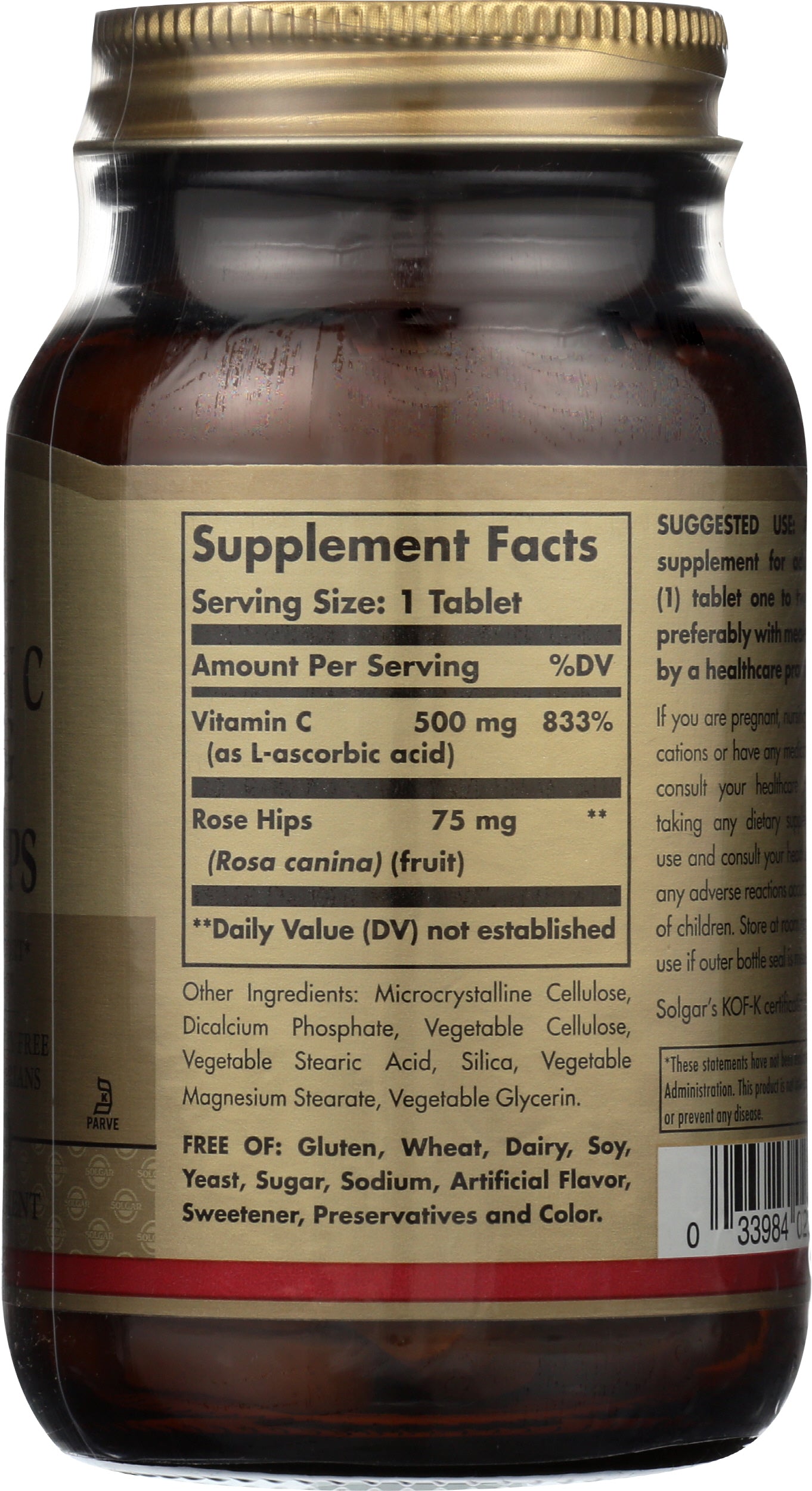 Solgar Vitamin C 500mg with Rose Hips 100 Tablets Back of Bottle
