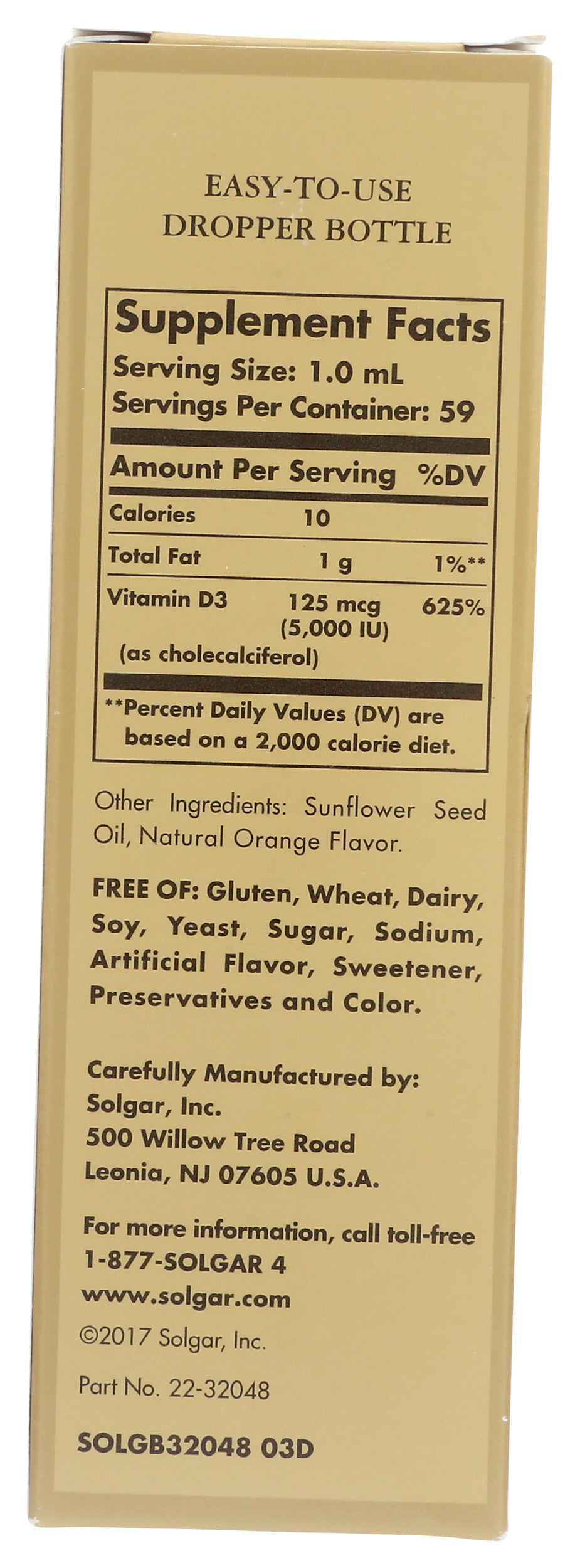 Solgar Liquid Vitamin D3 5,000 IU 2 fl oz Back of Box