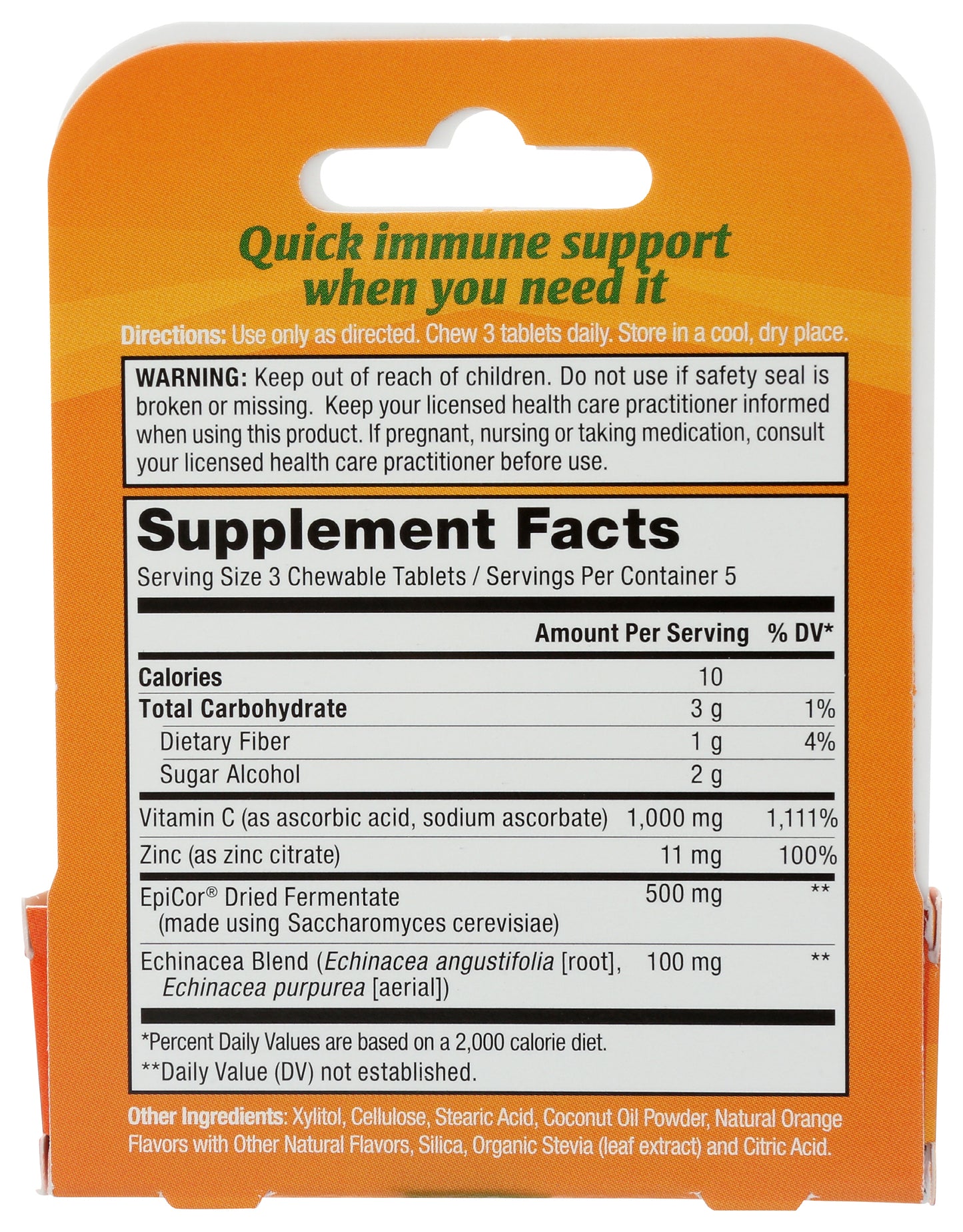 Zand Immunity Immune Fast 15 Zesty Orange Flavored Chewable Tablets Back of Box