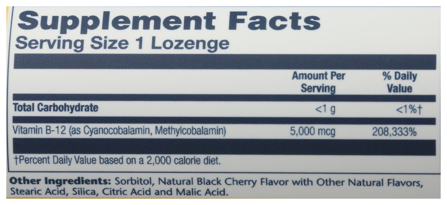 Solaray Vitamin B-12 5000 mcg 30 Lozenges Back of Bottle