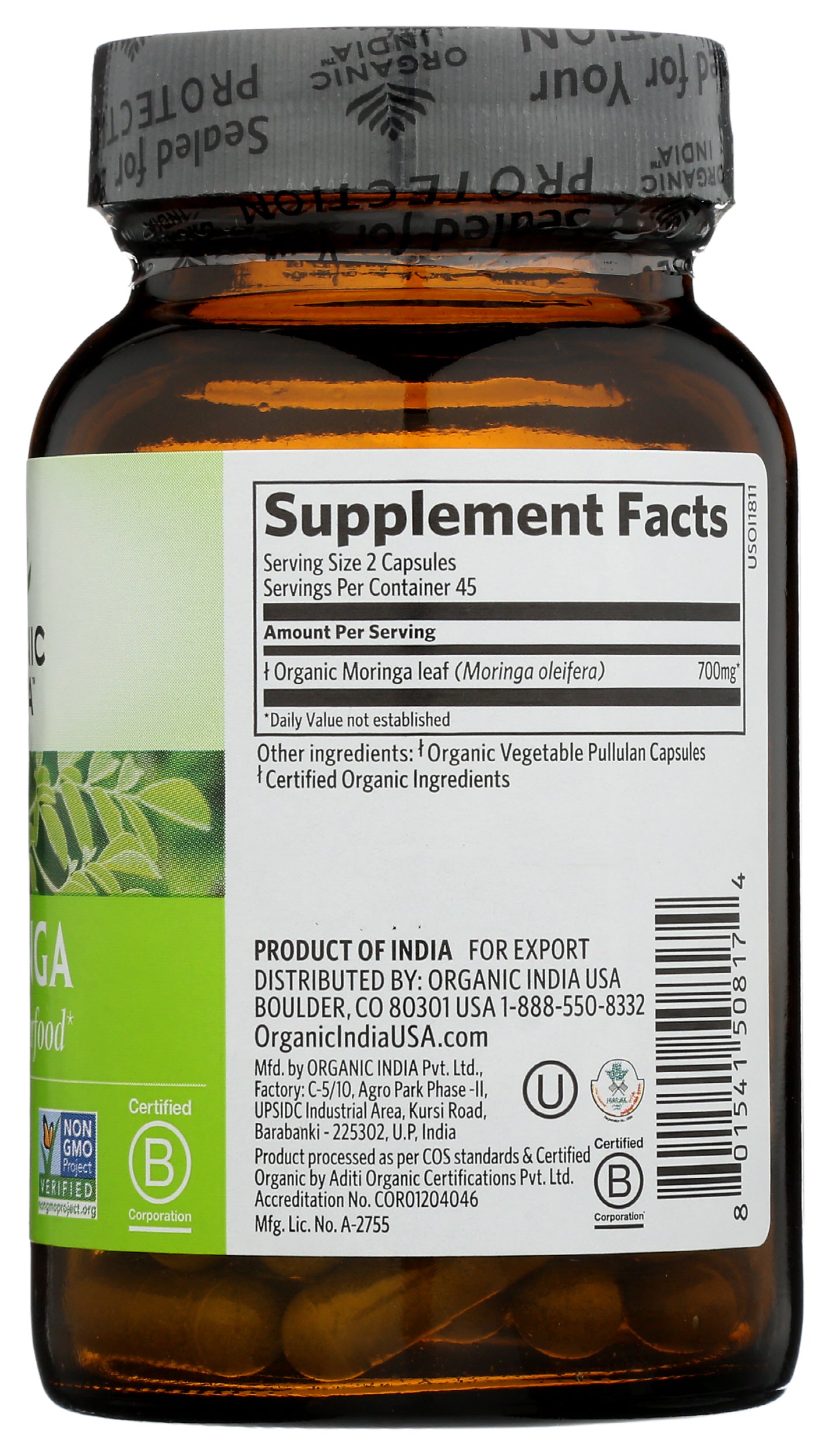 Organic India Moringa 90 Vegetarian Caps Back of Bottle