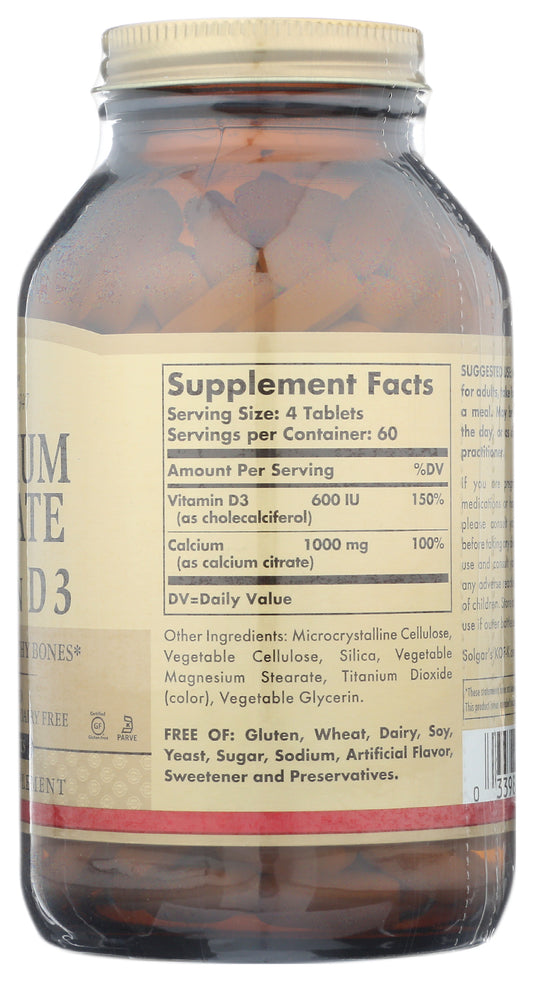 Solgar Calcium Citrate with Vitamin D3 240 Tablets Back of Bottle