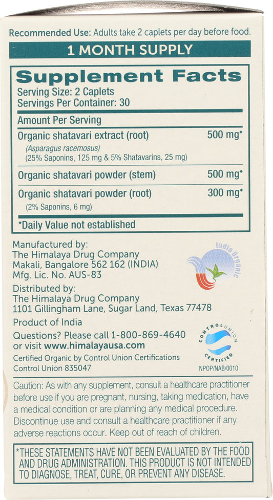 Himalaya Organic Shatavari 60 Caplets Back of Bottle