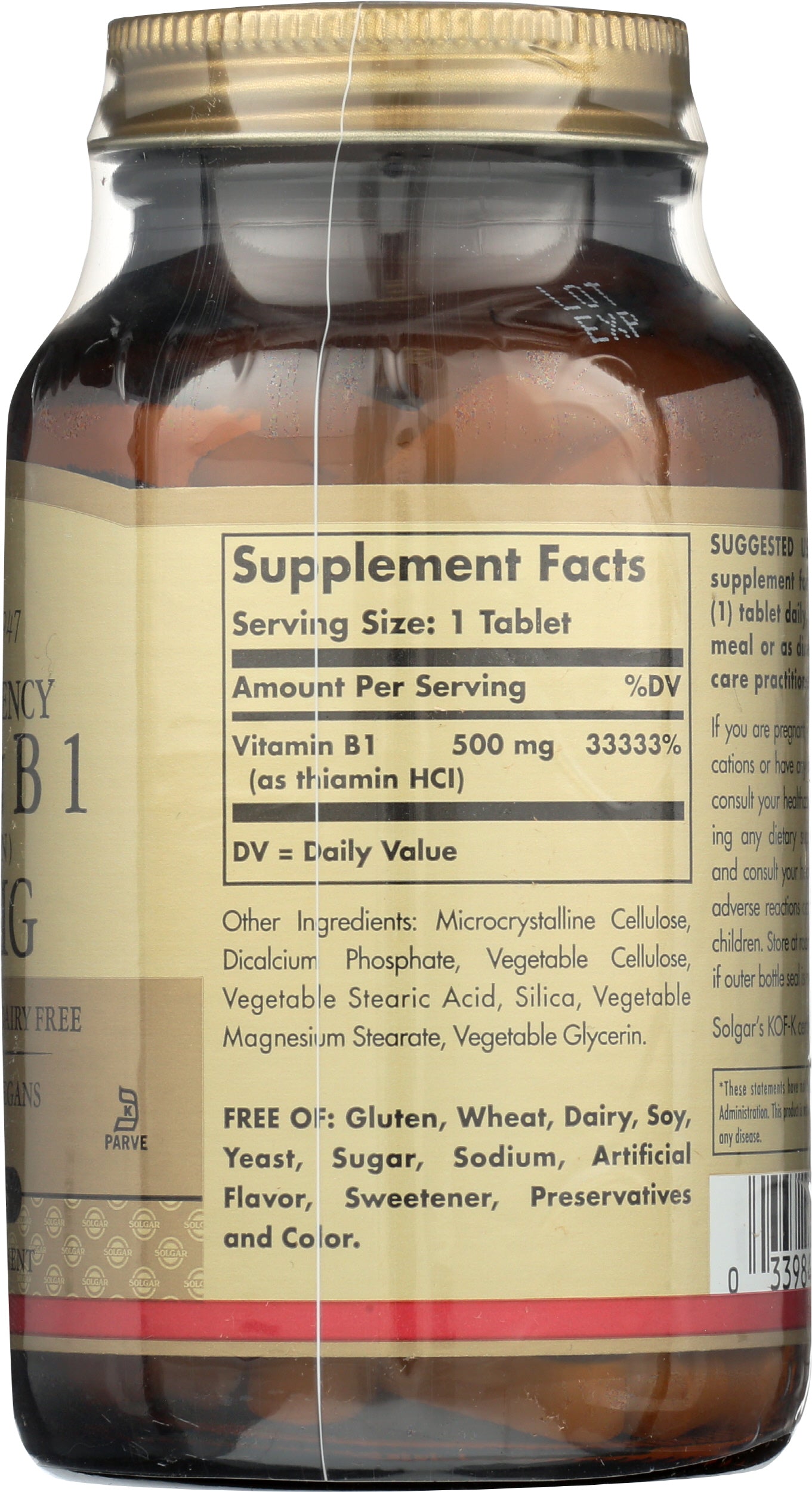 Solgar Vitmain B 1 (Thiamin) 500 mg 100 Tablets Back of Bottle