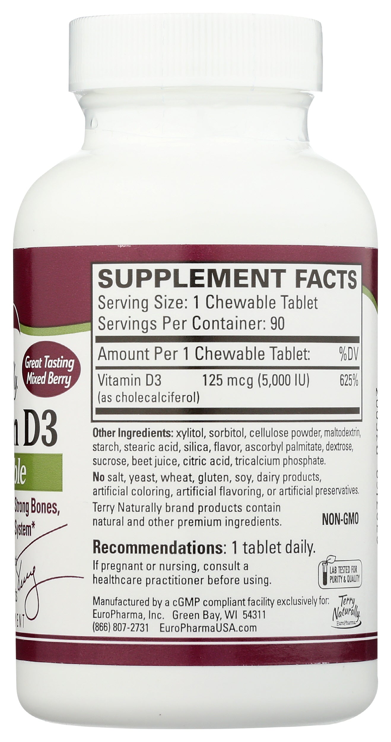 Terry Naturally Vitamin D3 5,000 IU 90 Chewable Tablets Back of Bottle
