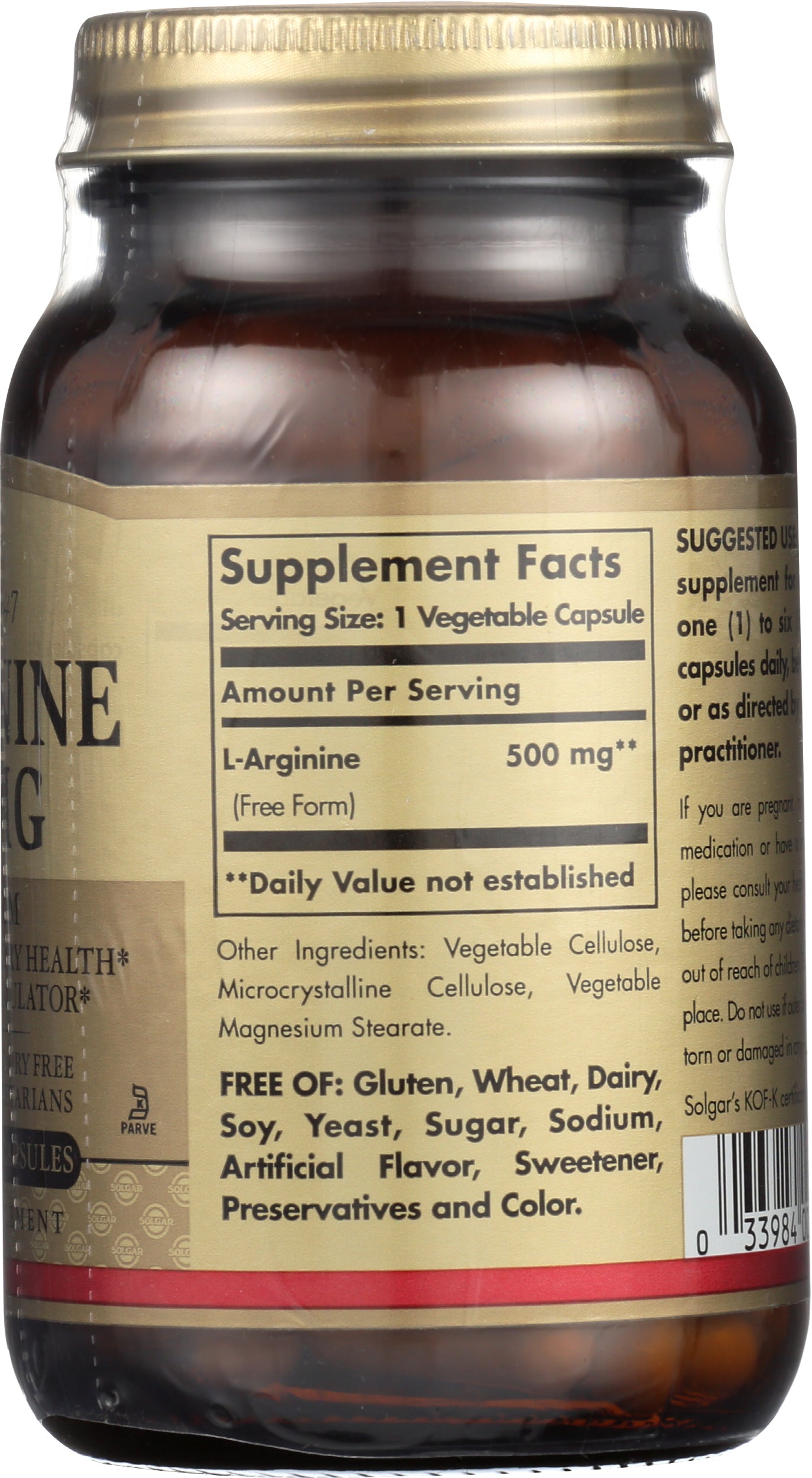 Solgar L-Arginine 500 mg 100 Vegetable Capsules Back
