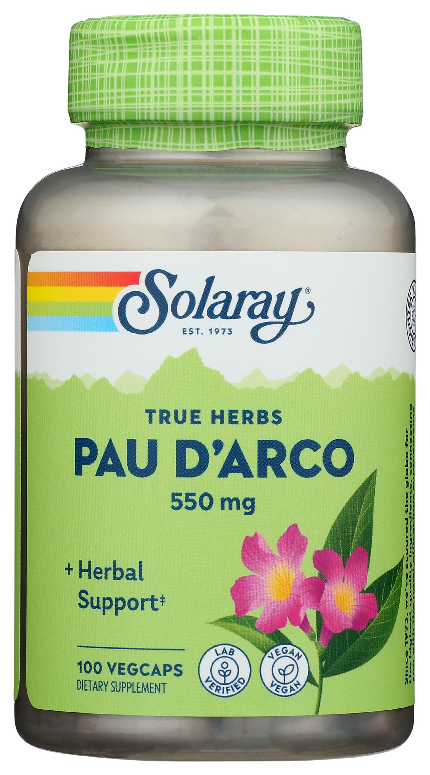 Solaray Pau D'Arco 550 mg 100 VegCaps Front of Bottle