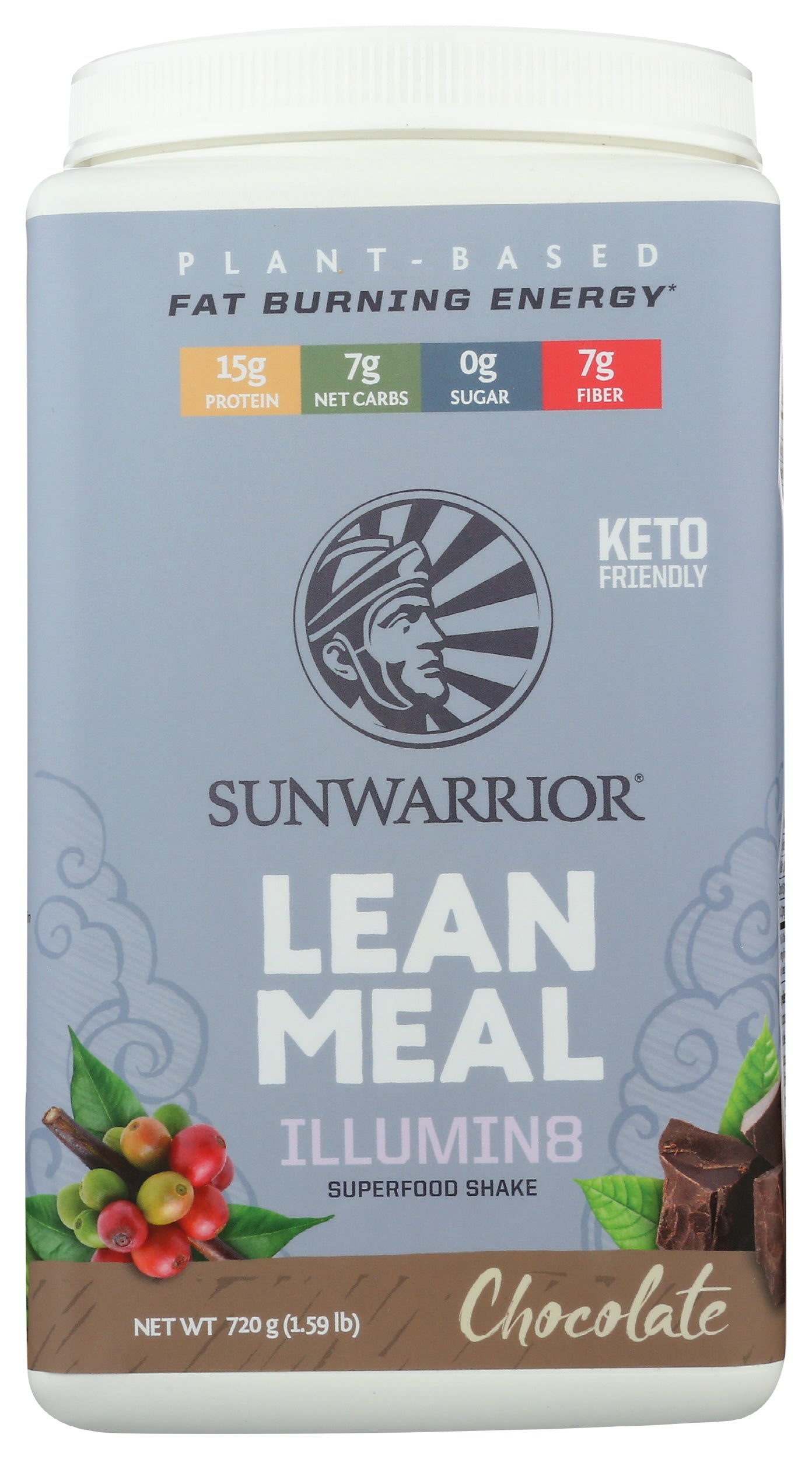 Sunwarrior Lean Meal Illumin8 Chocolate Flavor 720g Front of Tub