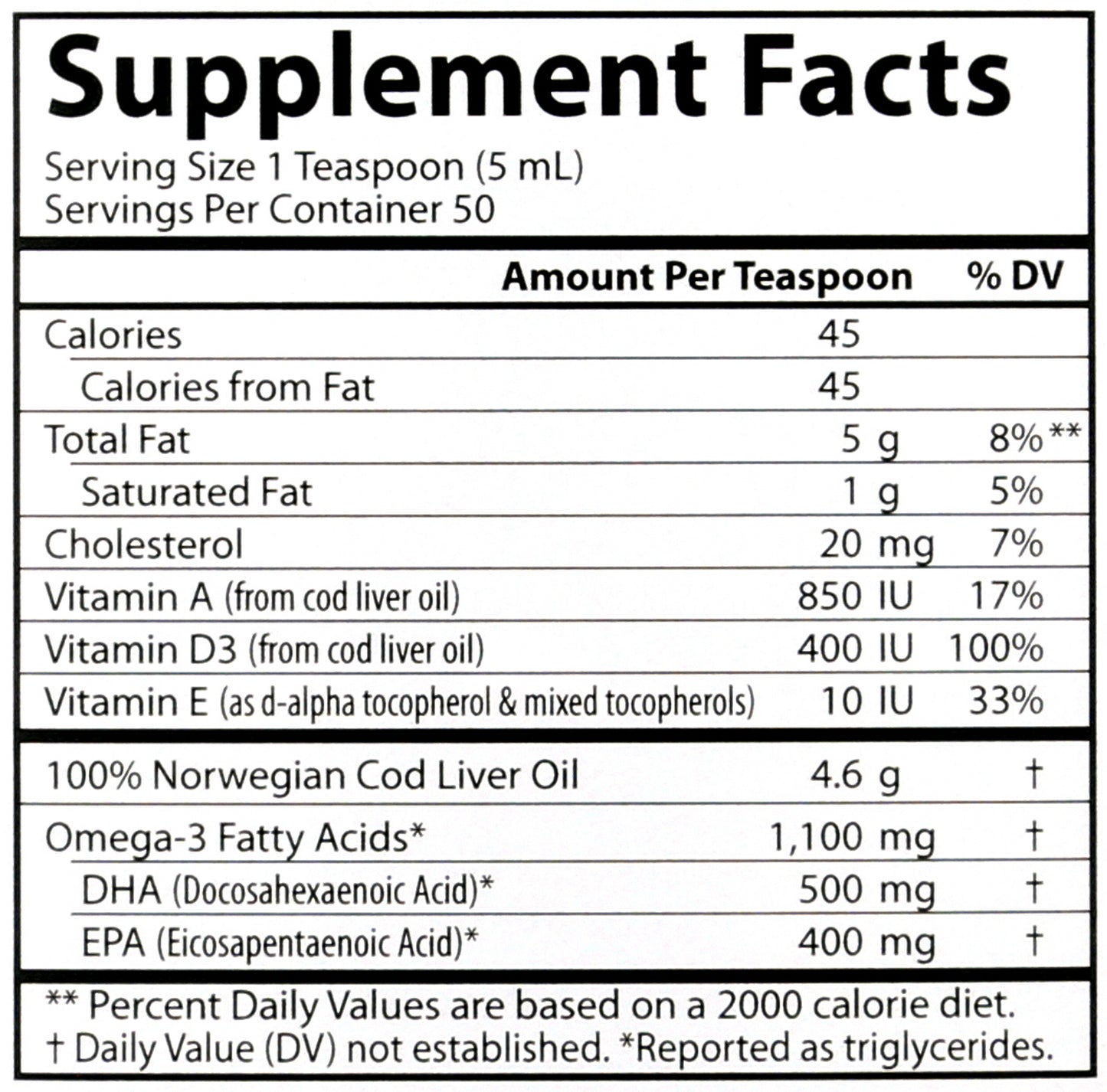 Carlson Cod Liver Oil 1100 mg + Vitamin A + Vitamin D3 8.4 fl oz Back of Bottle