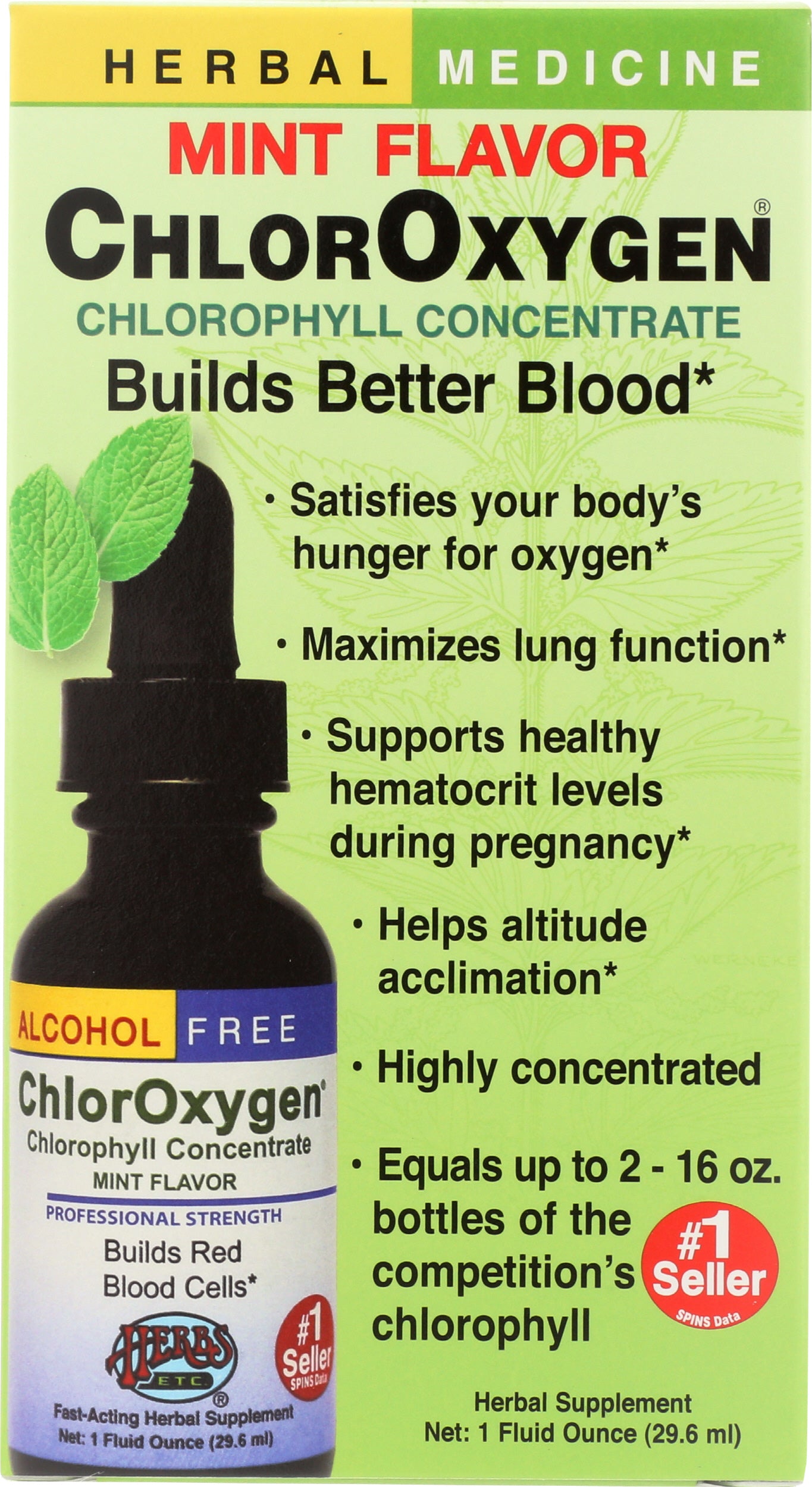 Herbs Etc. ChlorOxygen Mint Flavor 1 Fl. Oz. Front of Box