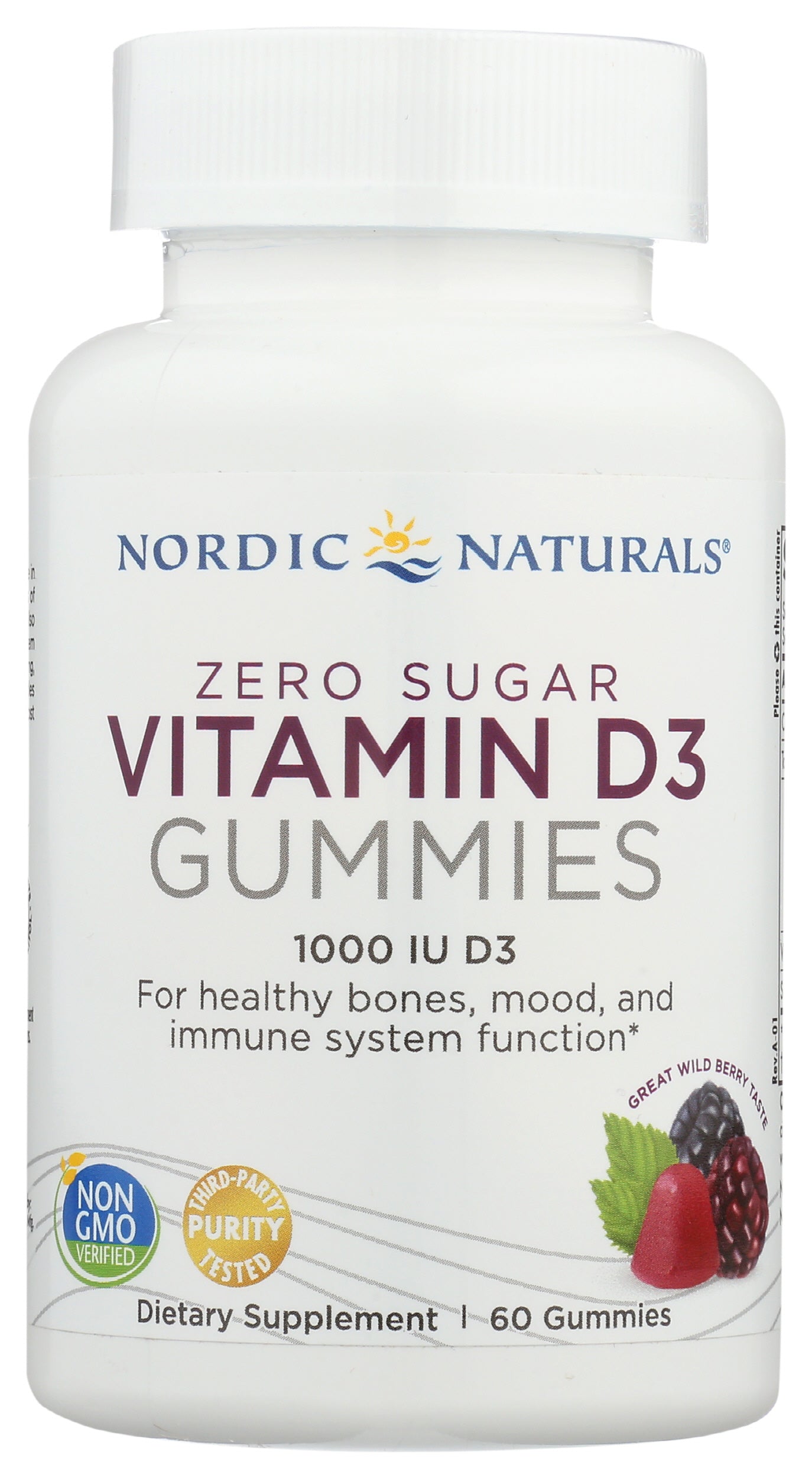 Nordic Naturals Zero Sugar Vitamin D3 1,000 IU 60 Gummies Front of Bottle