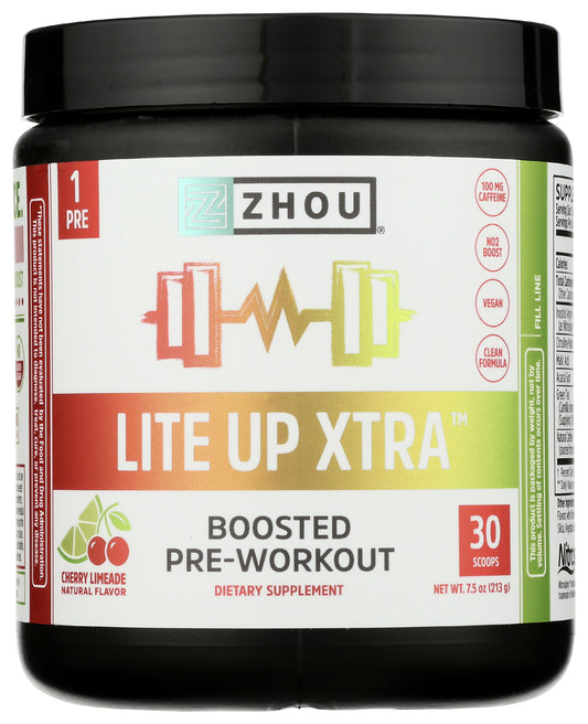 Zhou Lite Up Xtra Boosted Pre-Workout Cherry Limeade Flavor 213g Front of Tub