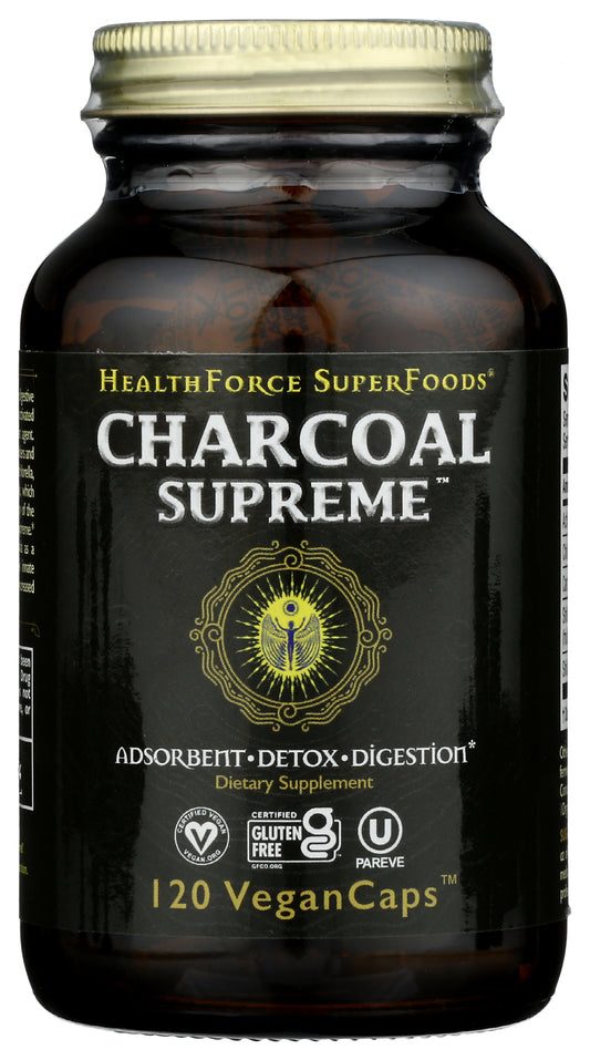 HealthForce SuperFoods Charcoal Supreme 120 VeganCaps Front of Bottle