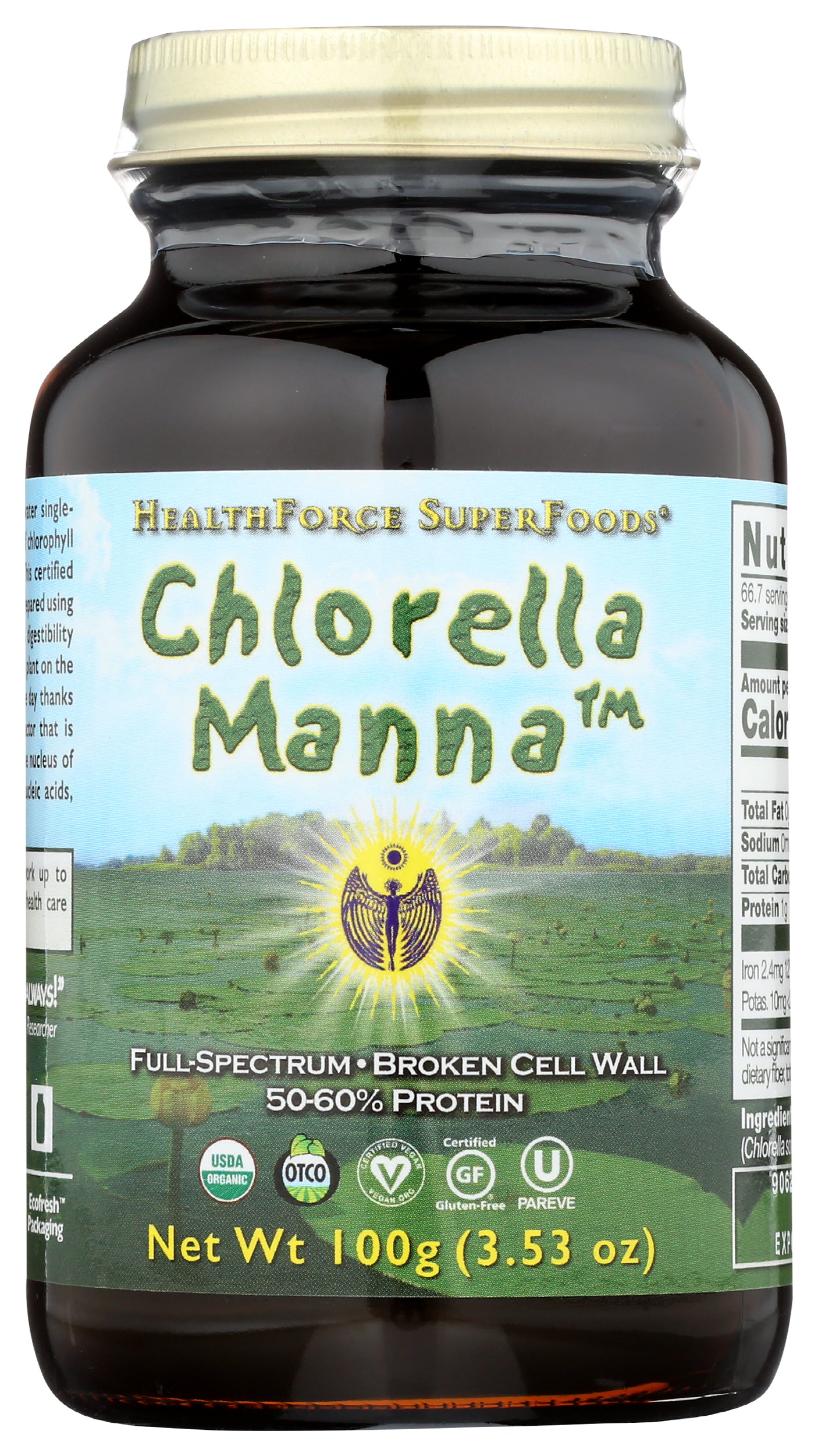 HealthForce SuperFoods Chlorella Manna Powder 100g Front of Bottle