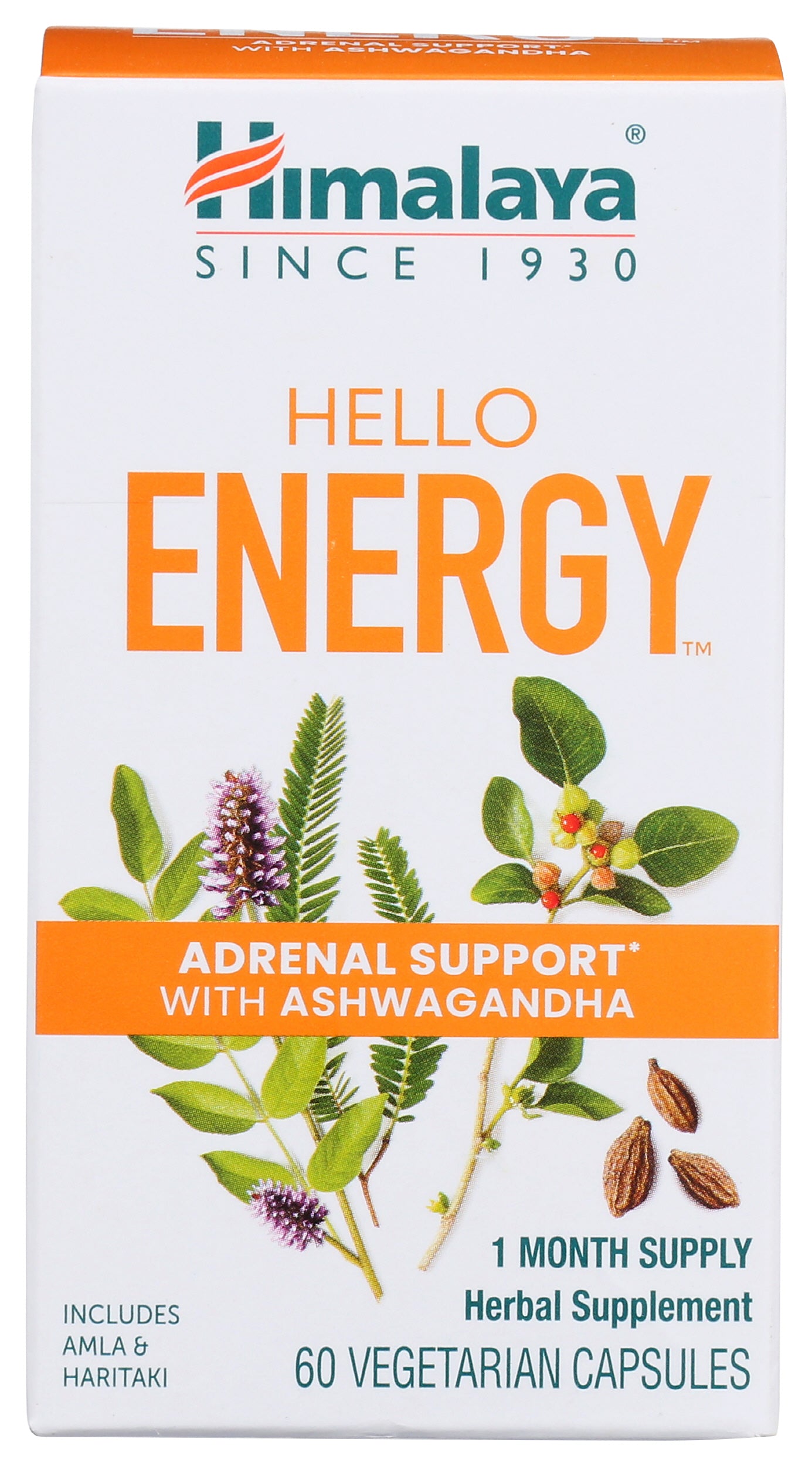 Himalaya Hello Energy Adrenal Support 60 Vegetarian Capsules Front of Box