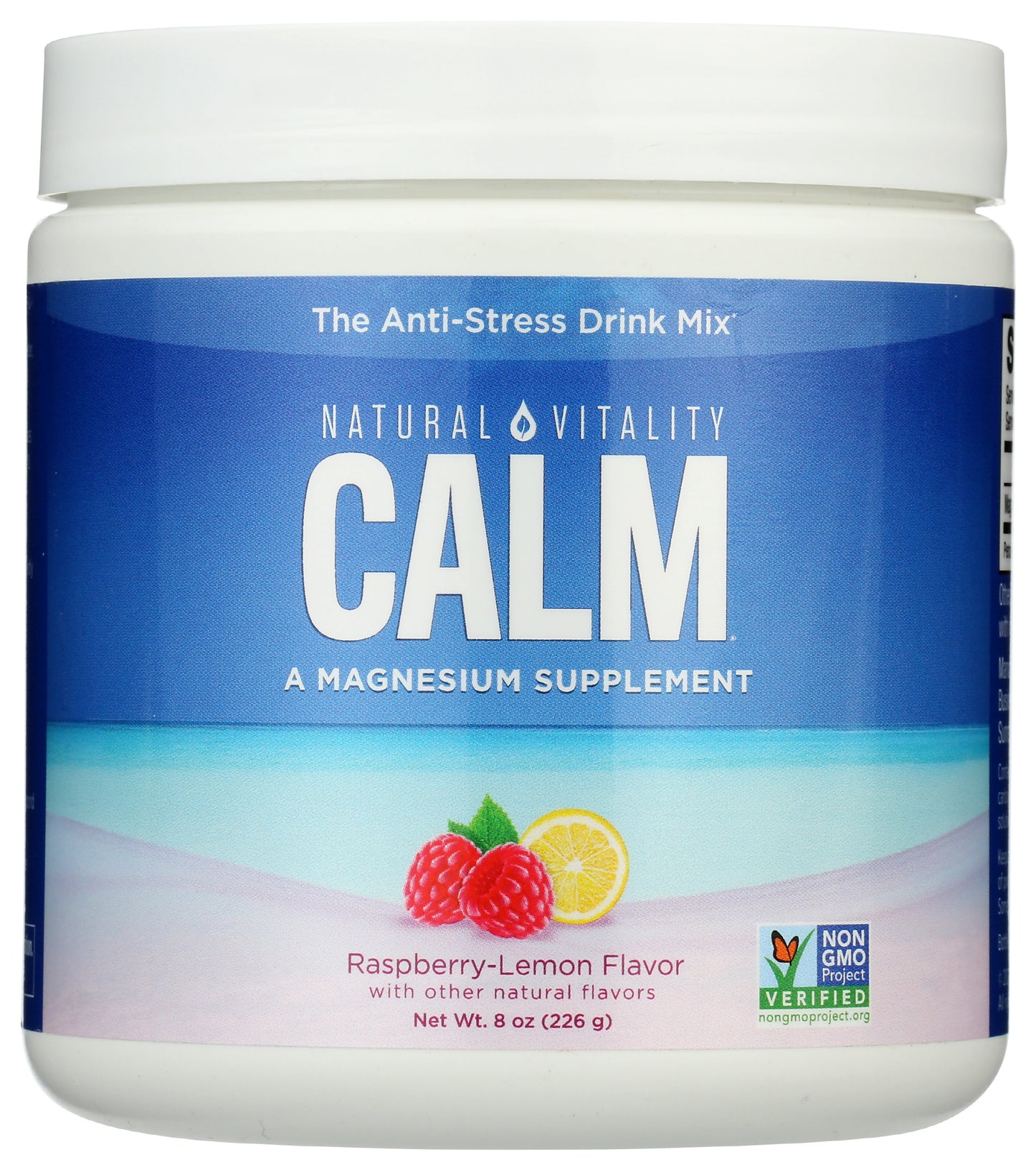 Natural Vitality Calm Magnesium Supplement Raspberry-Lemon Flavor 8oz Front of Bottle