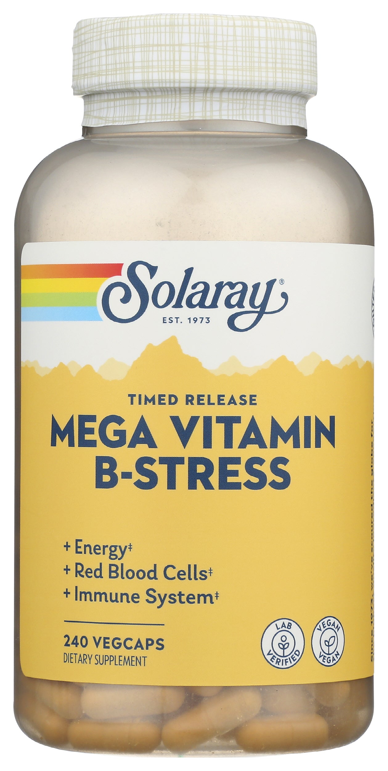 Solaray Timed Release Mega Vitamin B-Stress 240 VegCaps Front of Bottle