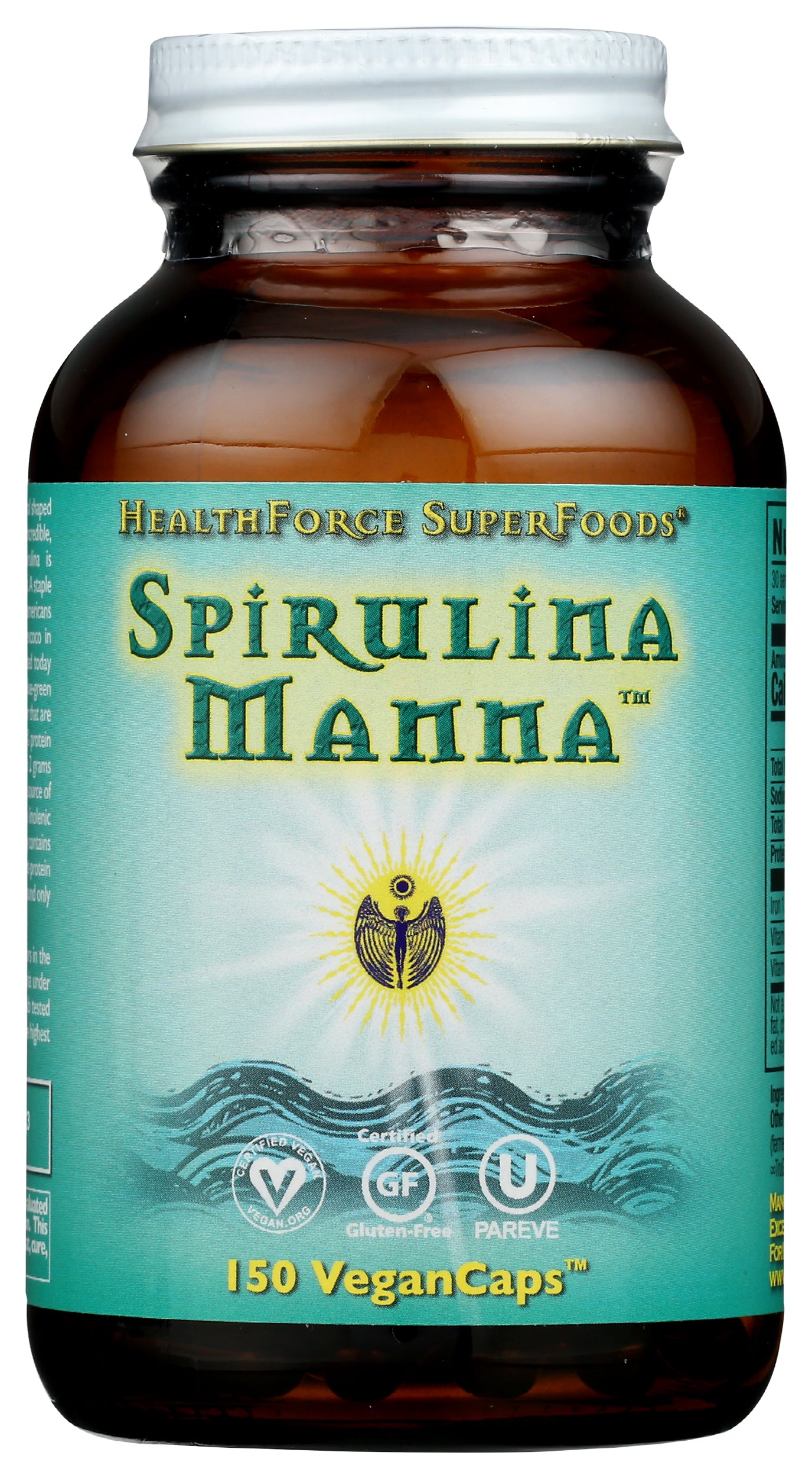 HealthForce SuperFoods Spirulina Manna 150 Vegan Caps Front of Bottle