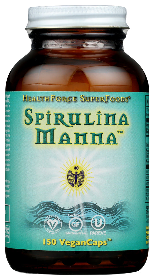 HealthForce SuperFoods Spirulina Manna 150 Vegan Caps Front of Bottle