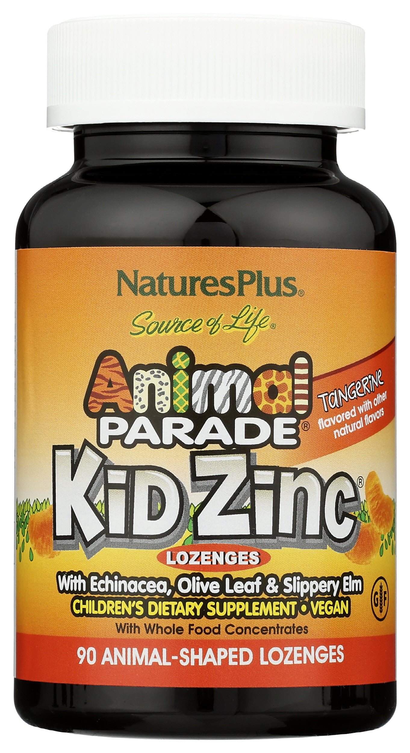 NaturesPlus Animal Parade Kid Zinc 90 Animal-Shaped Lozenges Front of Bottle
