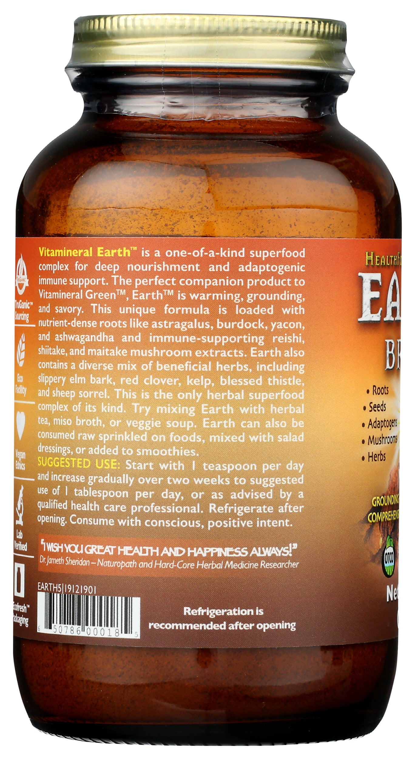 HealthForce SuperFoods Earth Broth Powder 5 Oz Back of Bottle