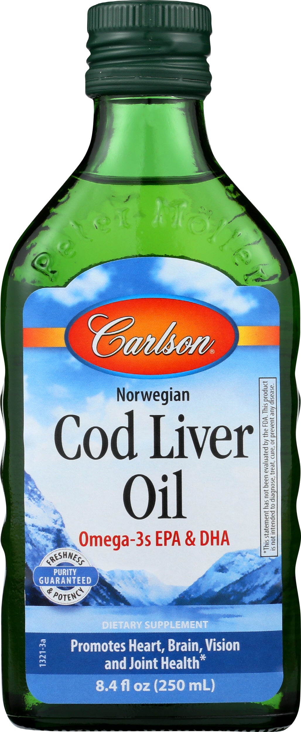 Carlson Cod Liver Oil 1100 mg + Vitamin A + Vitamin D3 8.4 fl oz Front of Bottle