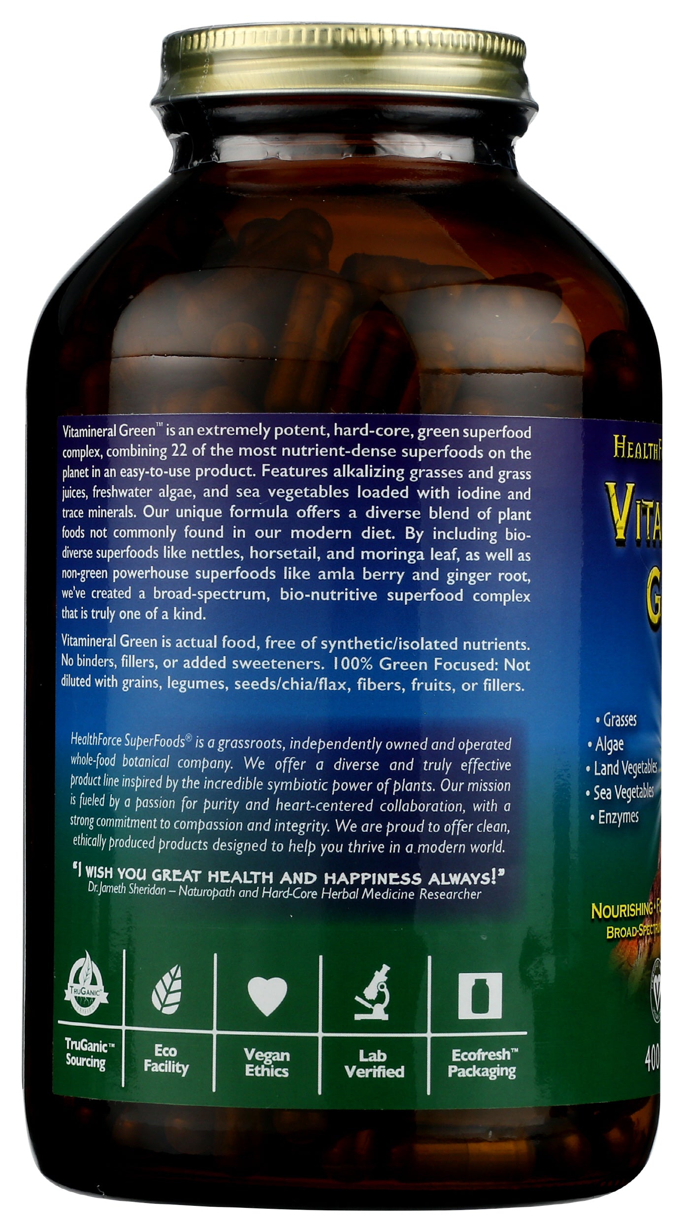 HealthForce SuperFoods Vitamineral Green 400 Vegan Caps Back of Bottle