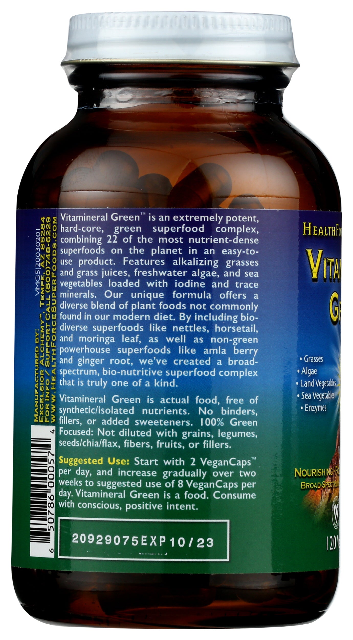 HealthForce SuperFoods Vitamineral Green 120 Vegan Caps Back of Bottle