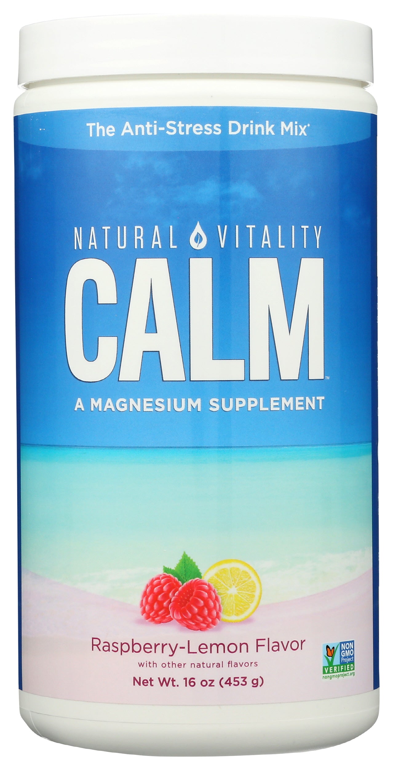 Natural Vitality Calm Magnesium Supplement Raspberry-Lemon Flavor 16oz Front of Bottle