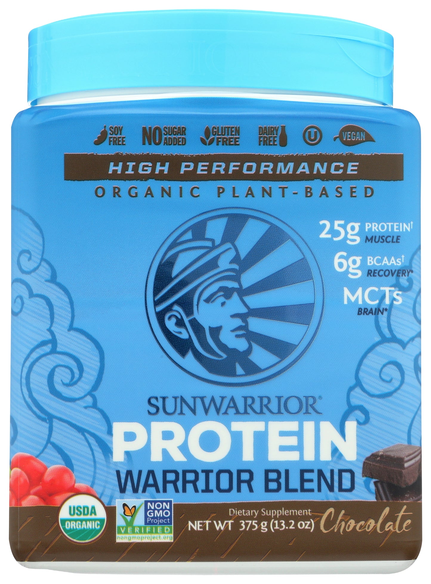 Sunwarrior Protein Powder Warrior Blend Chocolate Flavor 375g Front of Bottle