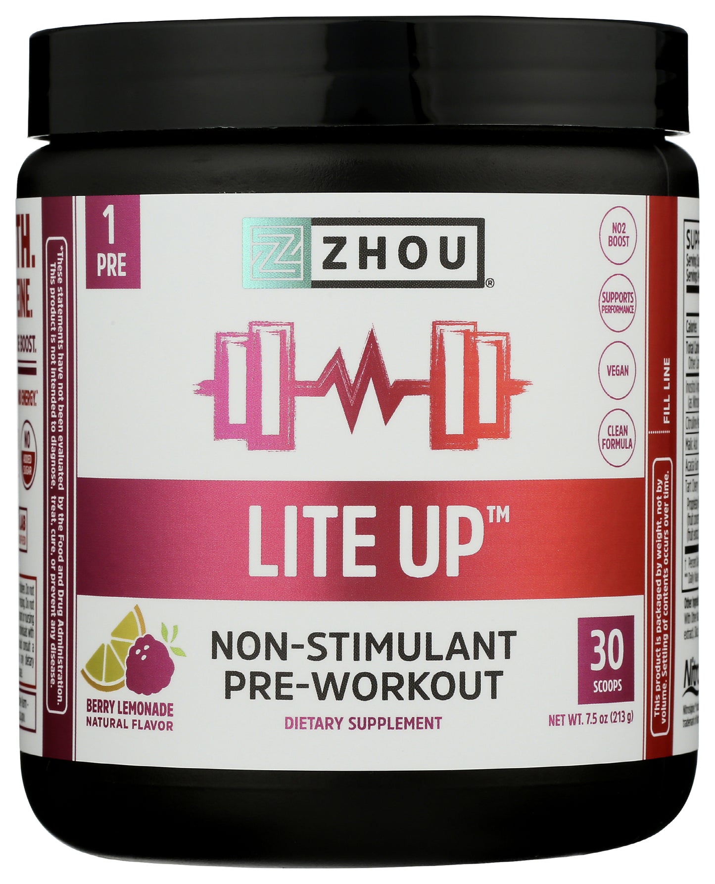 Zhou Lite Up Non-Stimulant Pre-Workout Berry Lemonade Flavor 213g Front of Tub