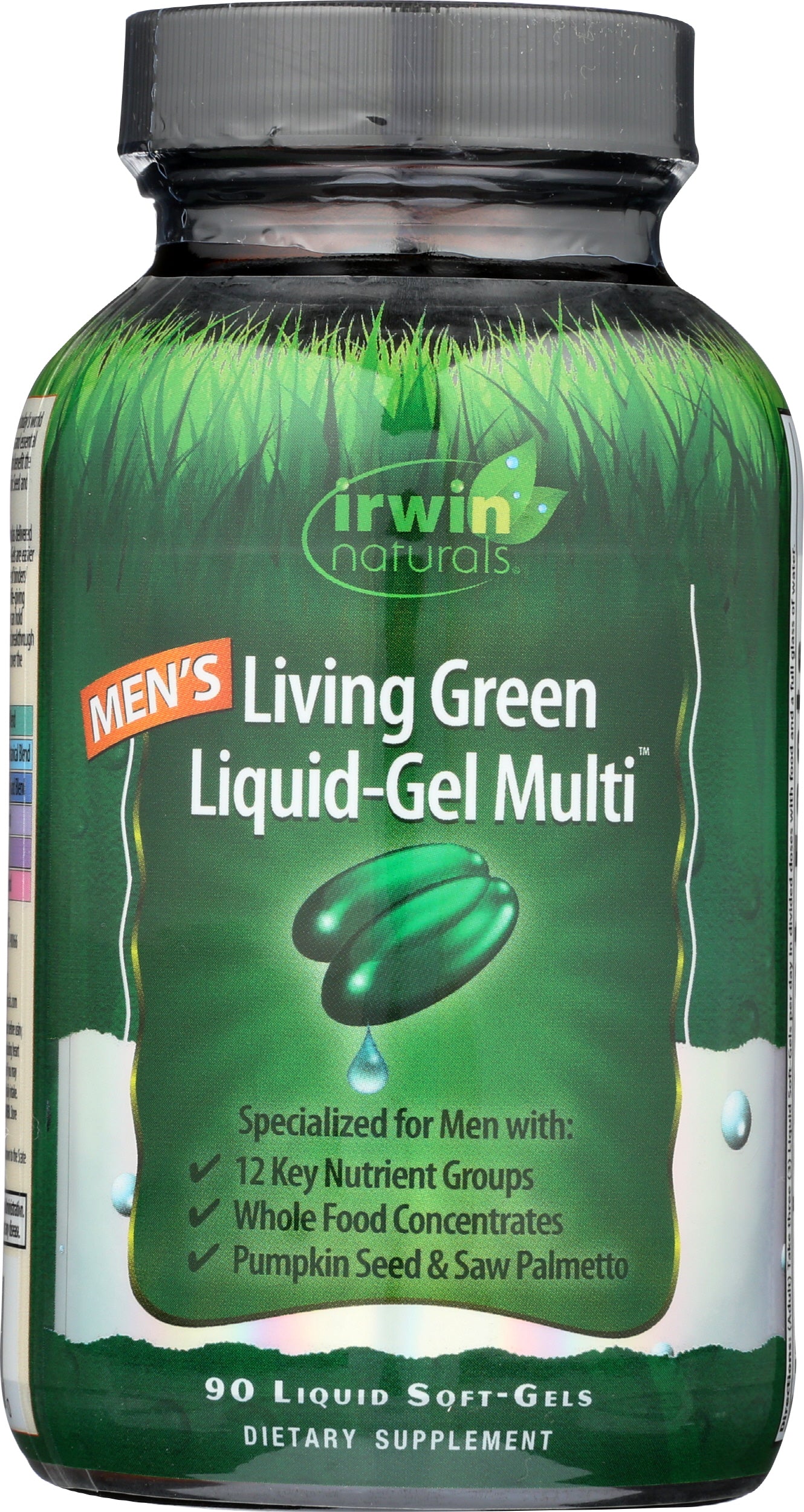 Irwin Naturals Men's Living Green Multi 90 Liquid Soft Gels Front of Bottle