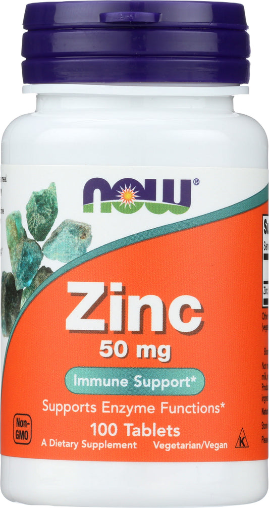 NOW Zinc 50mg 100 Tablets Front of Bottle