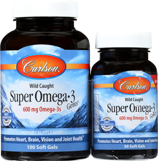 Carlson Super Omega 3 1200 mg 100 Soft Gels + 30 Soft Gels Front of Bottles