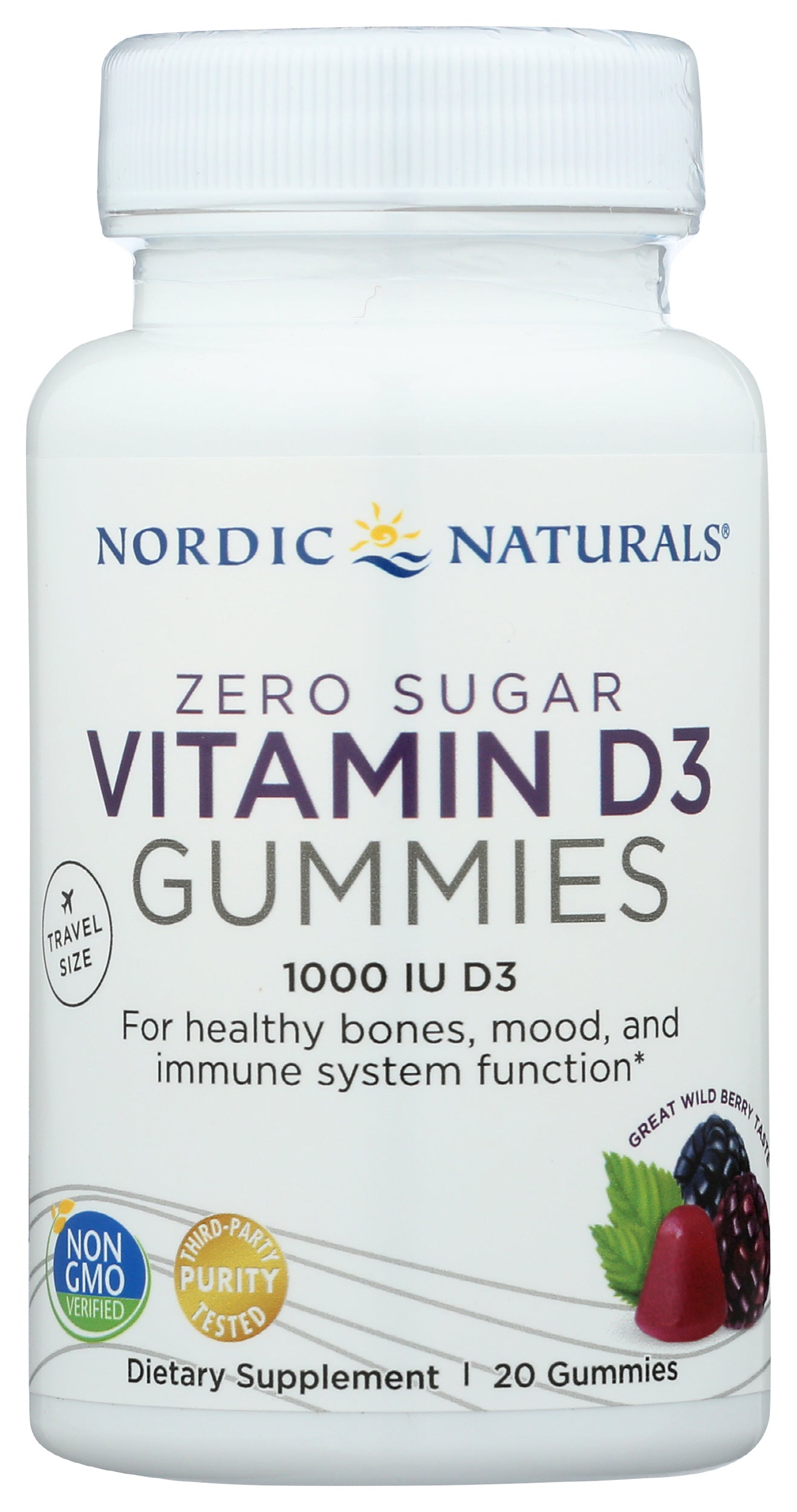 Nordic Naturals Zero Sugar Vitamin D3 1,000 IU 20 Gummies Front of Bottle