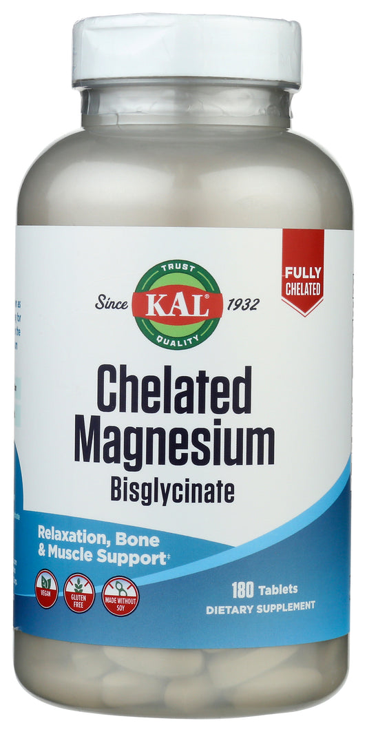 KAL Chelated Magnesium Bisglycinate 180 Tablets Front of Bottle