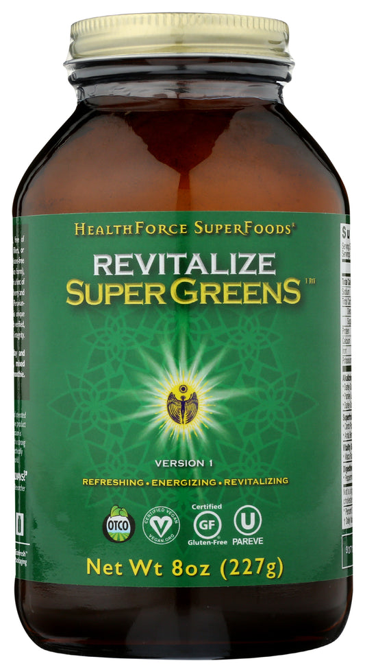 HealthForce SuperFoods Revitalize SuperGreens 8oz Front of Bottle