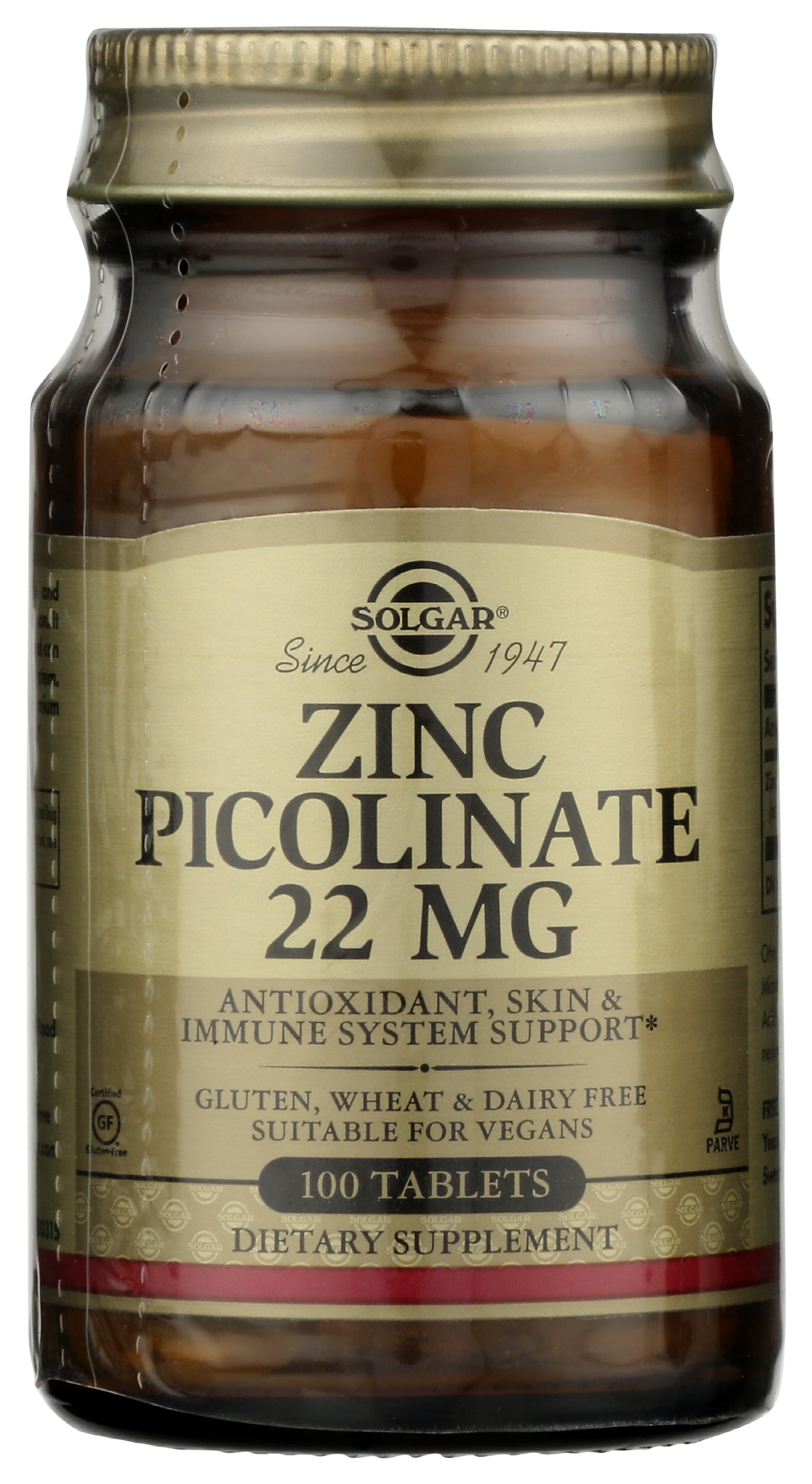 Solgar Zinc Picolinate 22mg 100 Tablets Front of Bottle