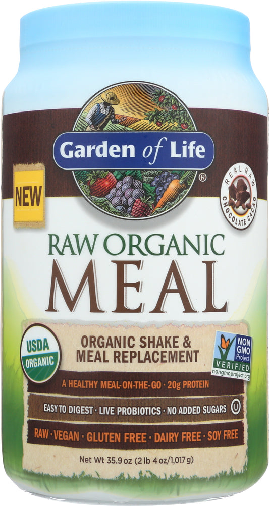 Garden of Life Raw Organic Meal Chocolate Cacao Flavor 1017g Front of Tub