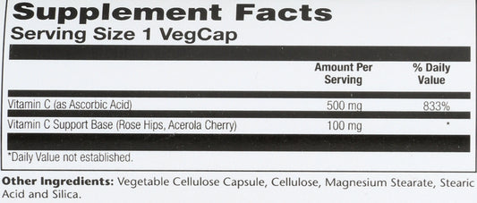 Solaray Timed Release Vitamin C 500mg 100 VegCaps Back of Bottle