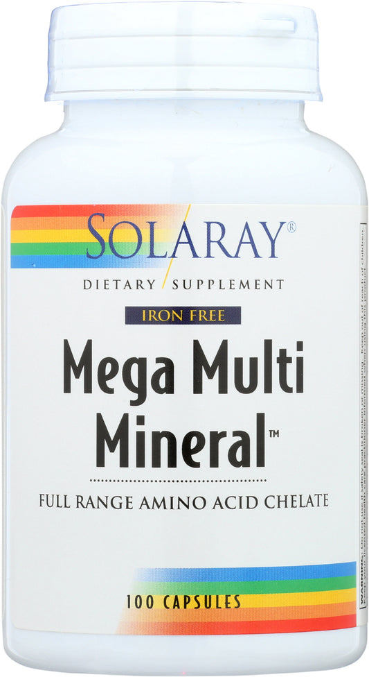 Solaray Mega Multi Mineral + Overall Health 100 Capsules Front of Bottle