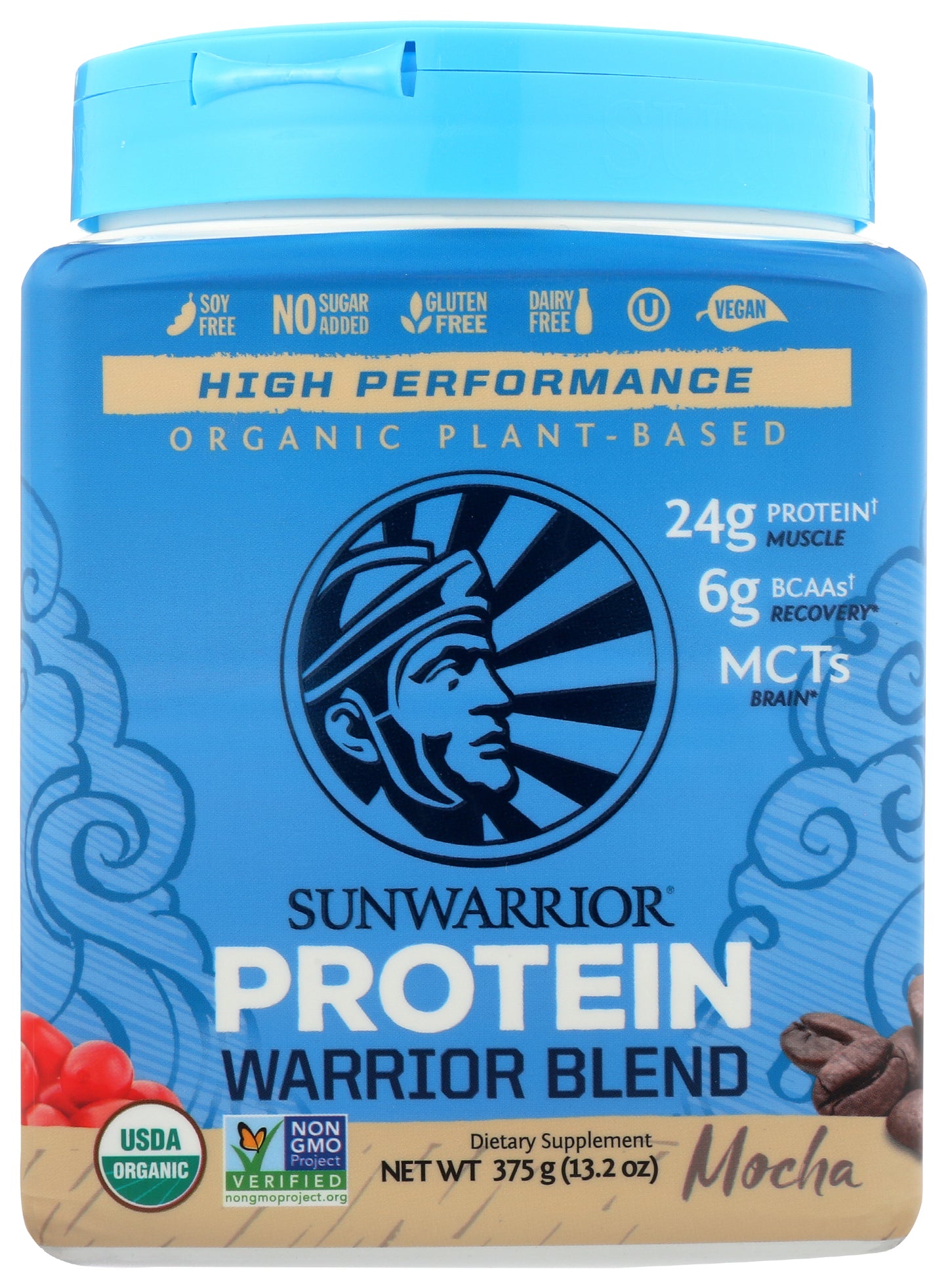 Sunwarrior Protein Powder Warrior Blend Mocha Flavor 375g Front of Bottle