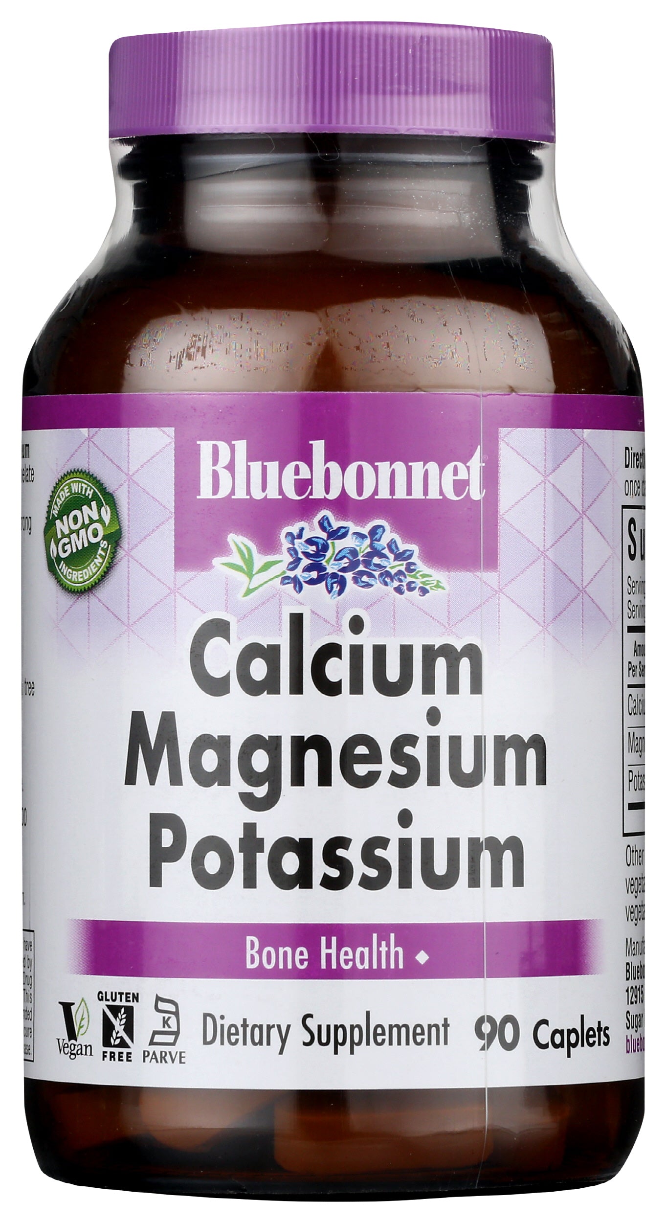 Bluebonnet Calcium Magnesium Potassium 90 Caplets Front of Bottle