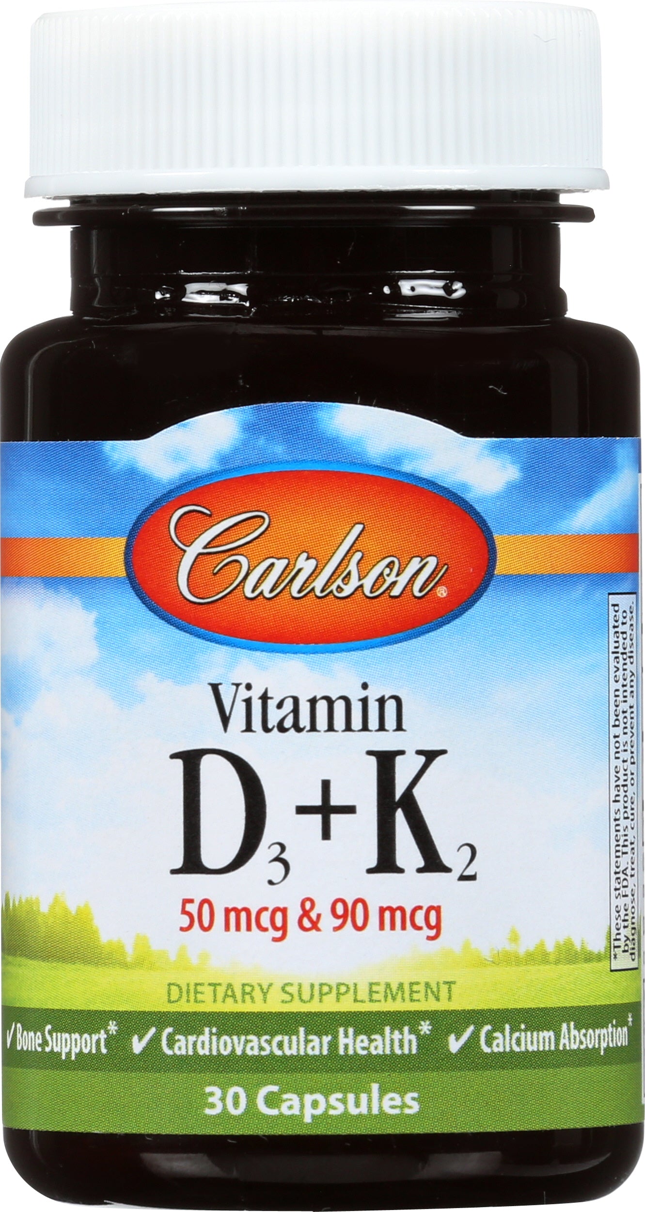 Carlson Vitamin D3+K2 30 Vegetarian Capsules Front of Bottle