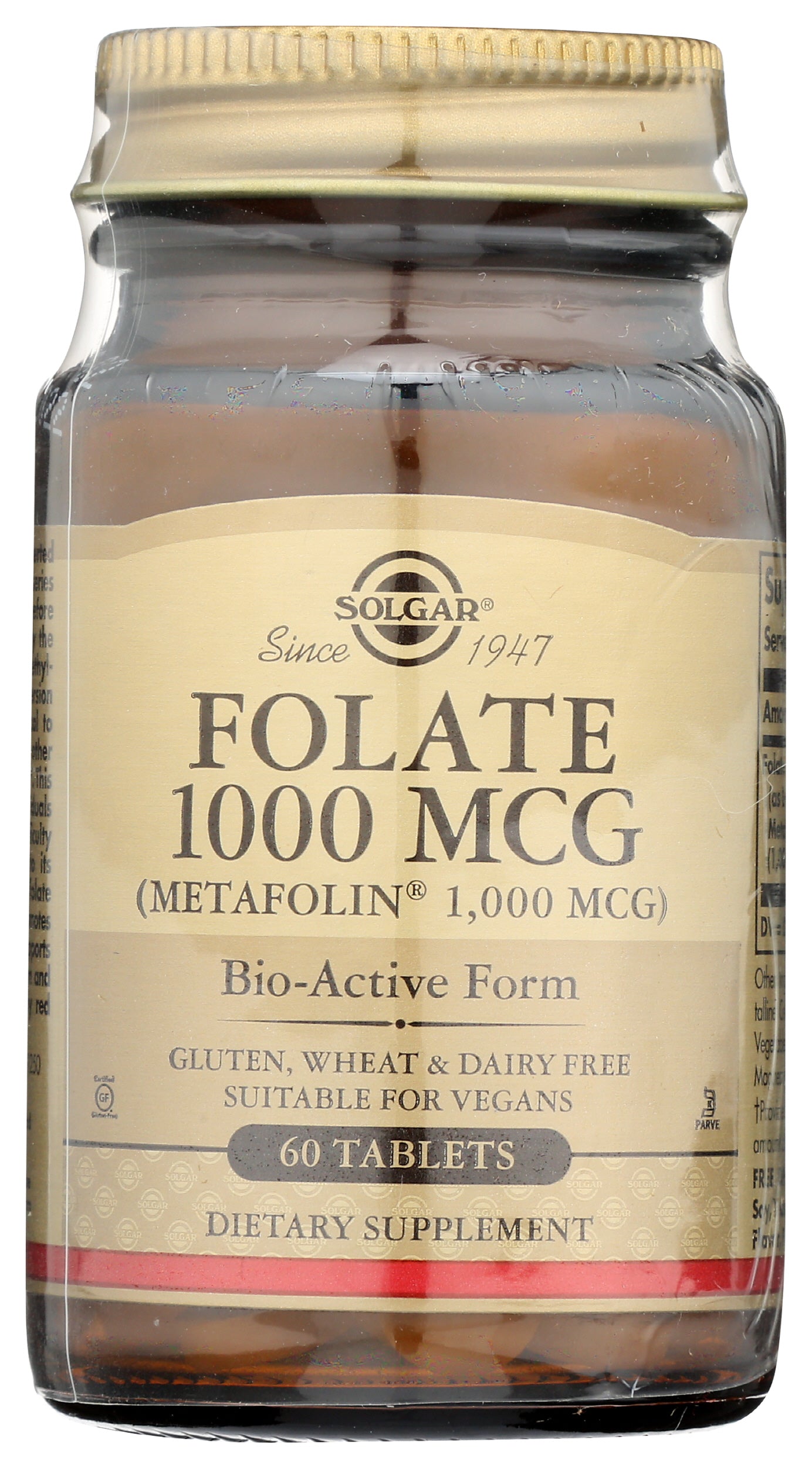 Solgar Folate 1000 mcg (Metafolin 1,000 mcg) 60 Tablets Front of Bottle