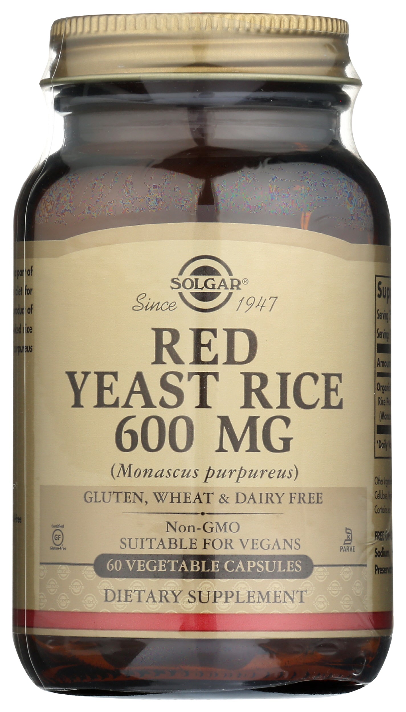 Solgar Red Yeast Rice 600 mg 60 Vegetable Capsules Front