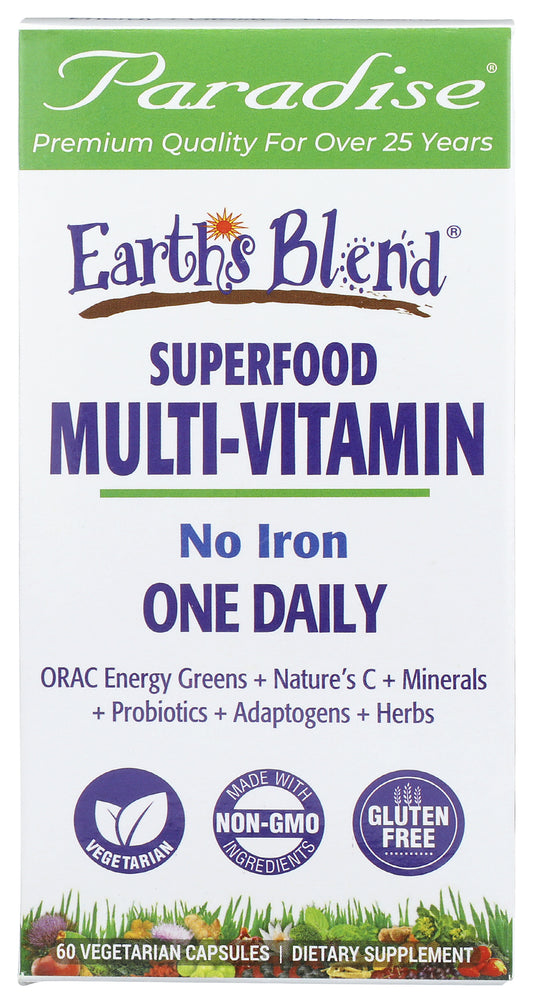 Paradise Earth's Blend Multivitamin No Iron 60 Capsules Front of Box